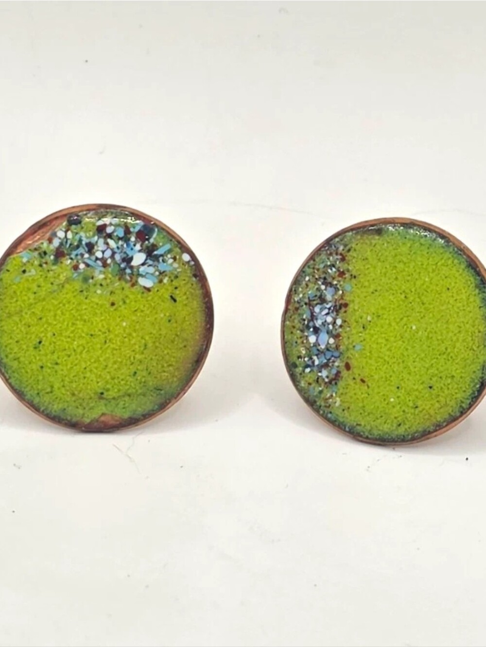 Vintage Art Enamelware Copper Screw Back Button Earrings Chartreuse Green 1"